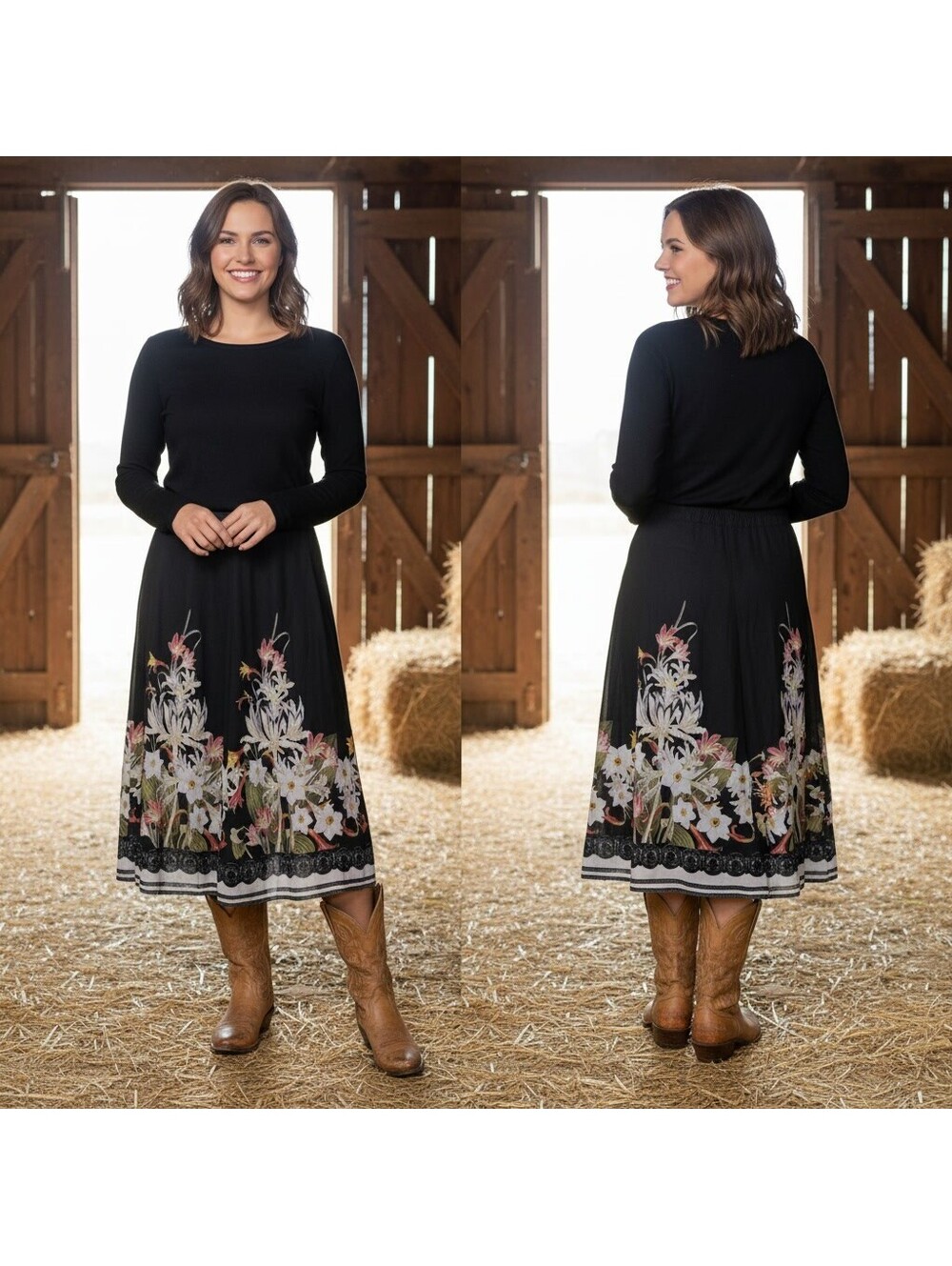 1924 - Soft Surroundings Black Floral Midi Skirt with Lining